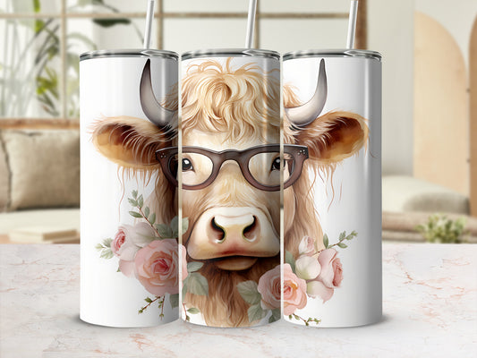Triptych of tumblers featuring a cow with glasses and pink roses.