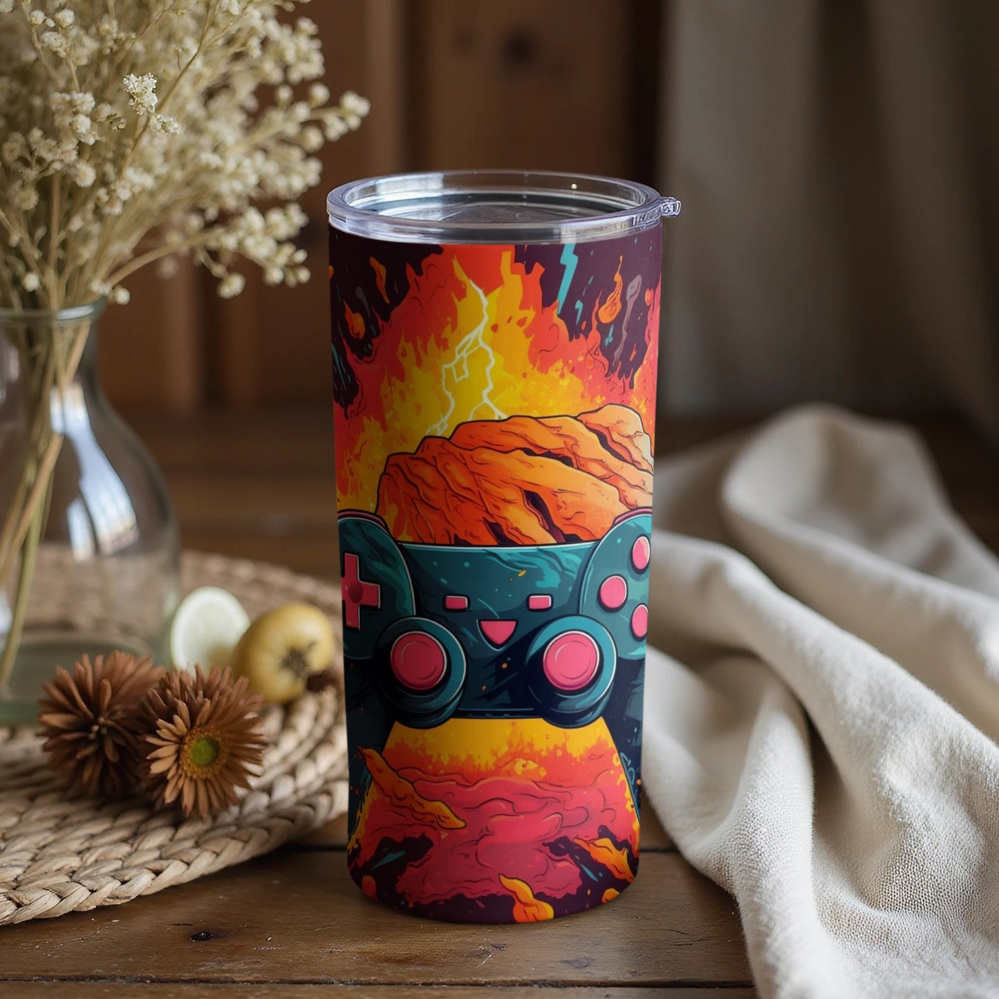 Vibrant Gaming Controller Mug with Fiery Explosion Design