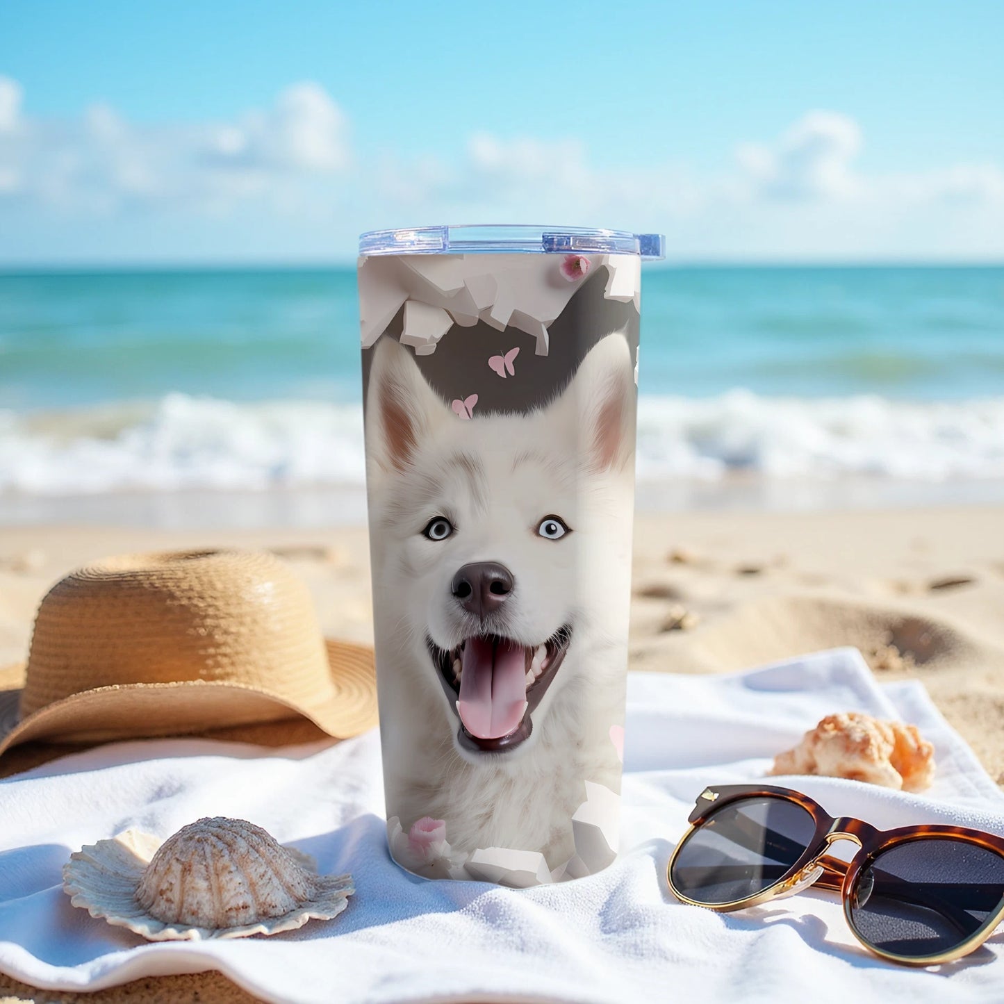 Blue Eyed White Husky Dog Beach Adventure Tumbler product type
Husky, Dog, White Dog, Puppy, Tumbler, Travel Mug, Insulated Cup, Happy Dog, Smiling Dog, Blue Eyes, Cracked Design, Butterflies, Beach, Summer, Ocean, Pet Lover, Cute Dog, Drinkware, Animal Print, Vacation