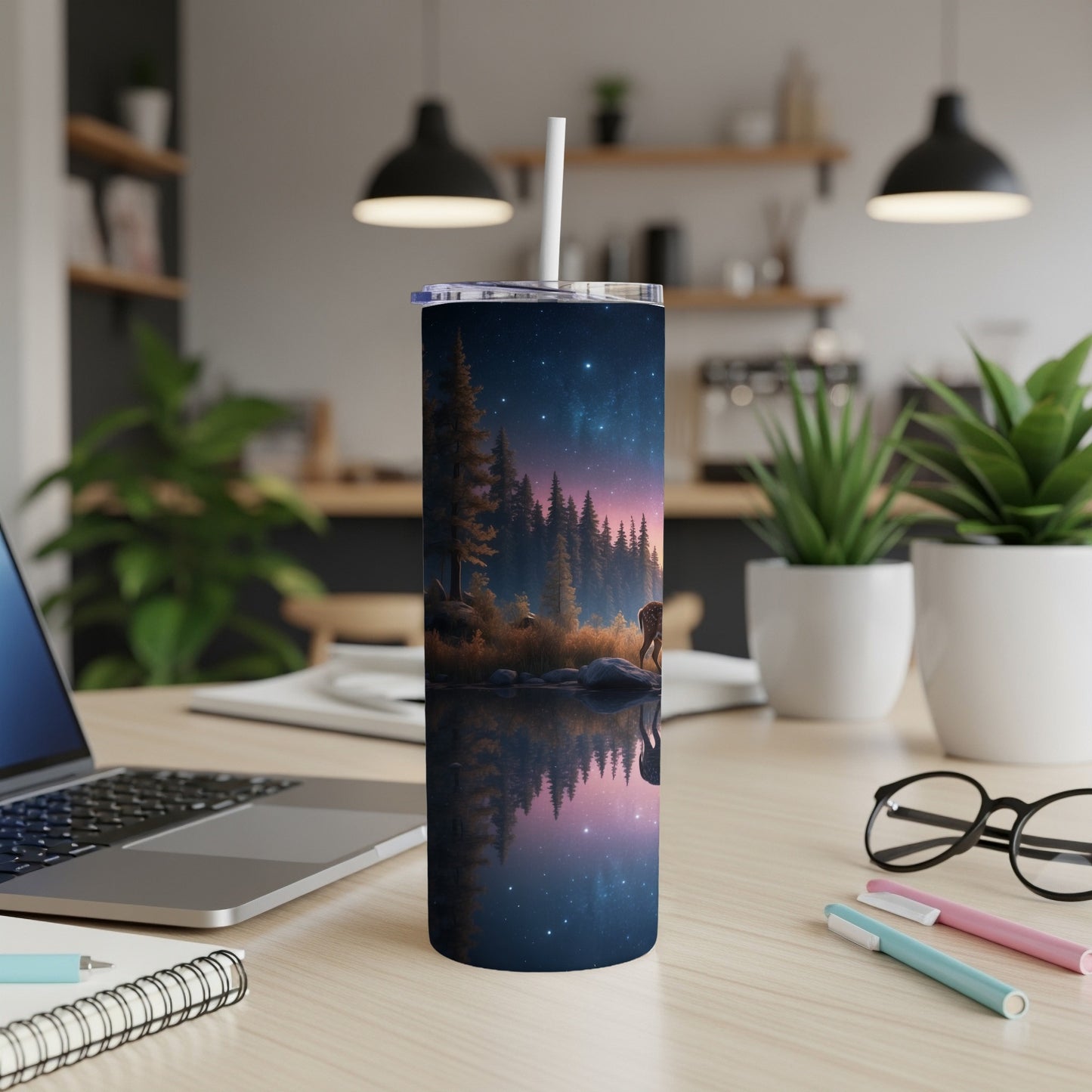 Tall tumbler with a forest and starry night sky reflection scene.