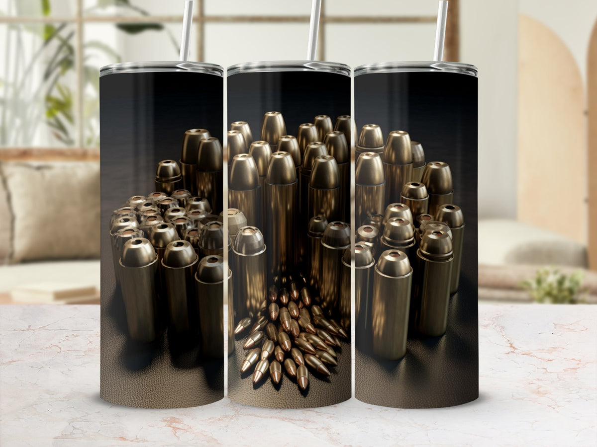 Three tumblers featuring a scattering of golden bullet casings and ammunition.