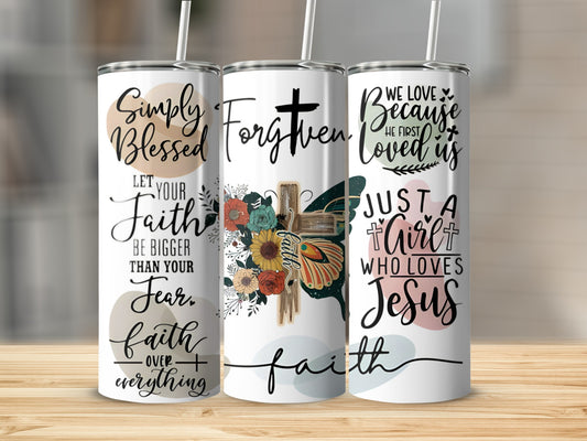 Three faith-themed tumblers with floral and butterfly designs.