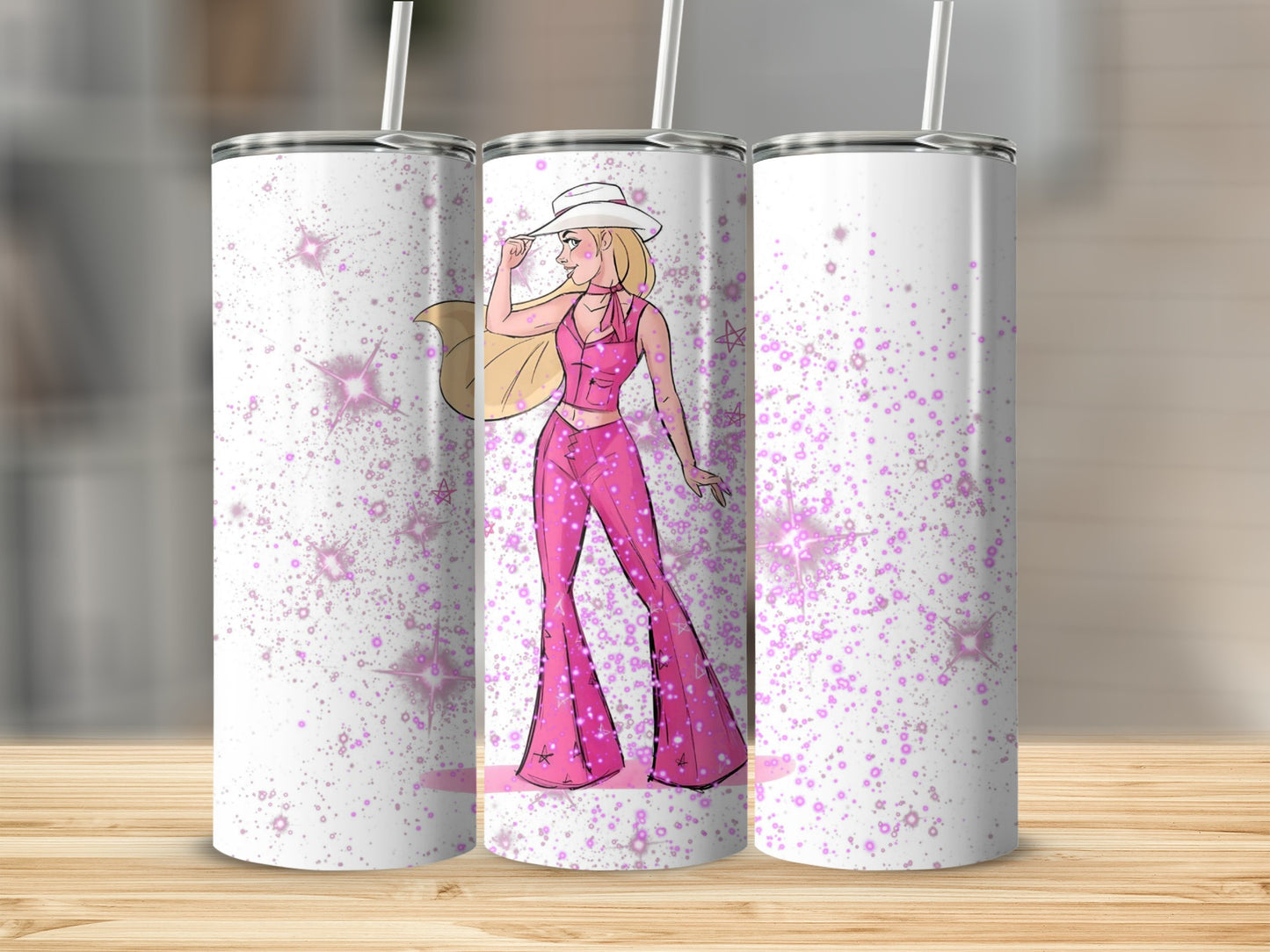 Barbie in Western Outfit Pink Sparkles Background Tumblers