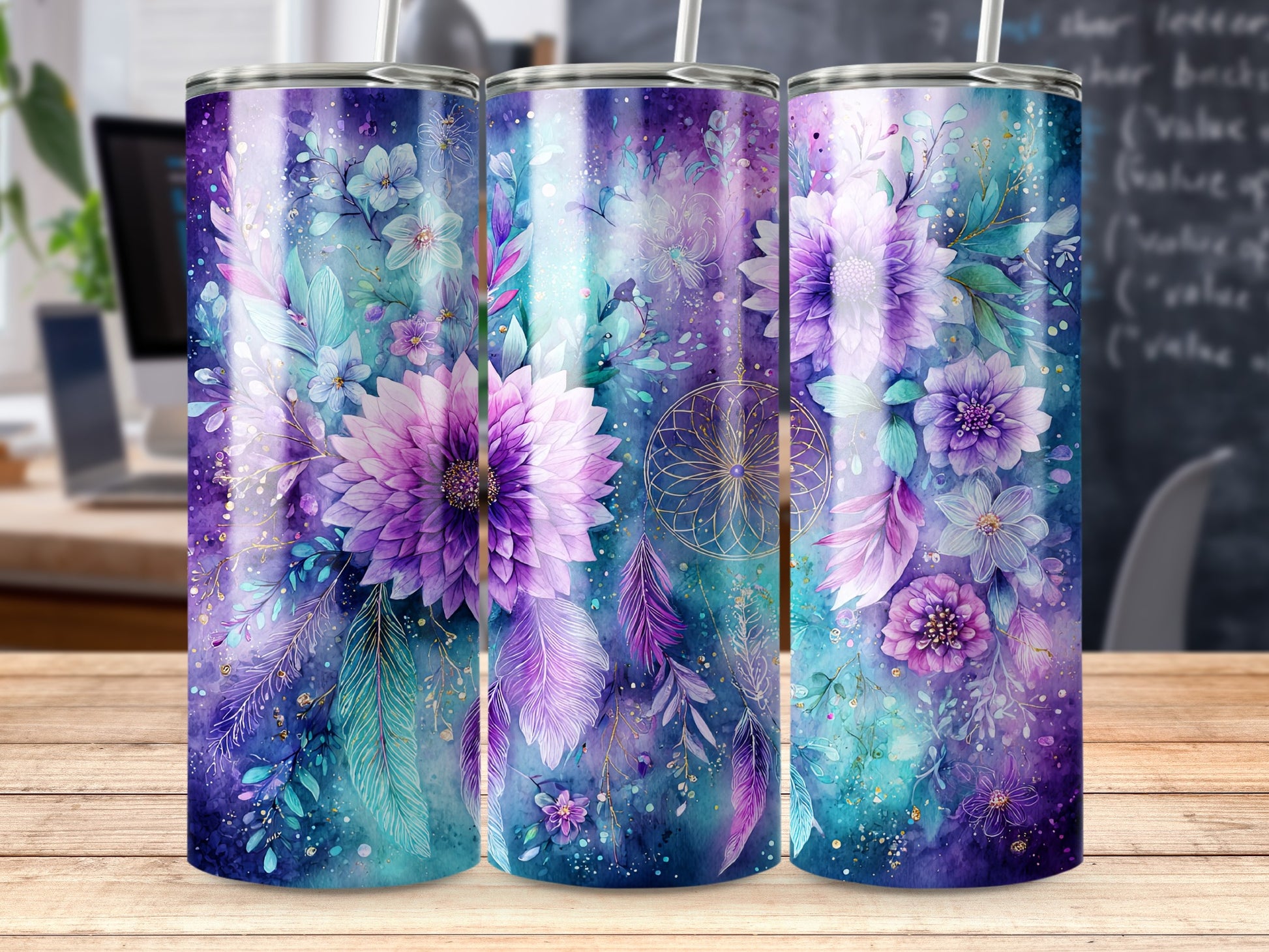 Vibrant Purple and Blue Floral Design Tumbler