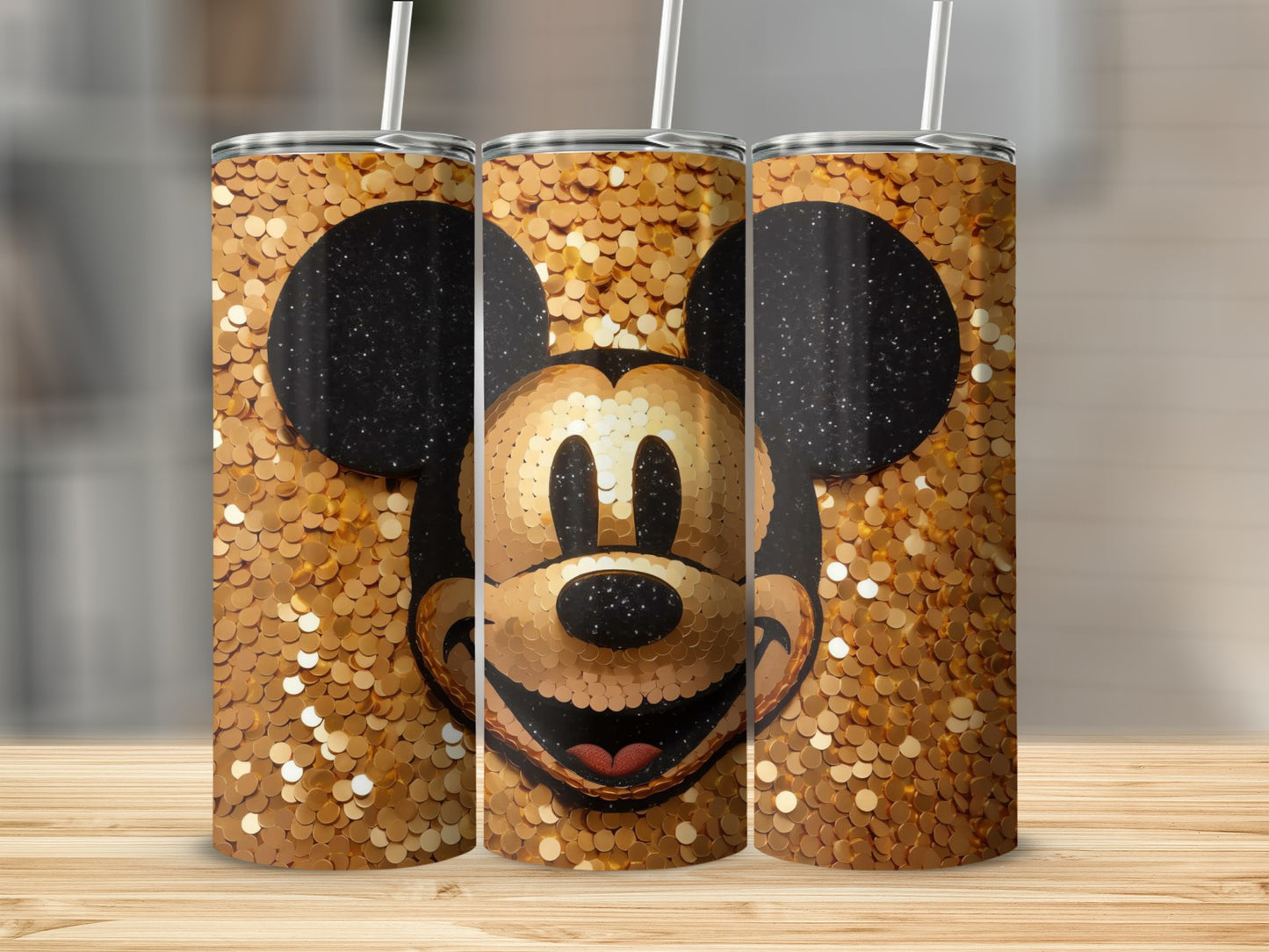 Gold Glitter Mickey Mouse Face Tumbler Cup Design