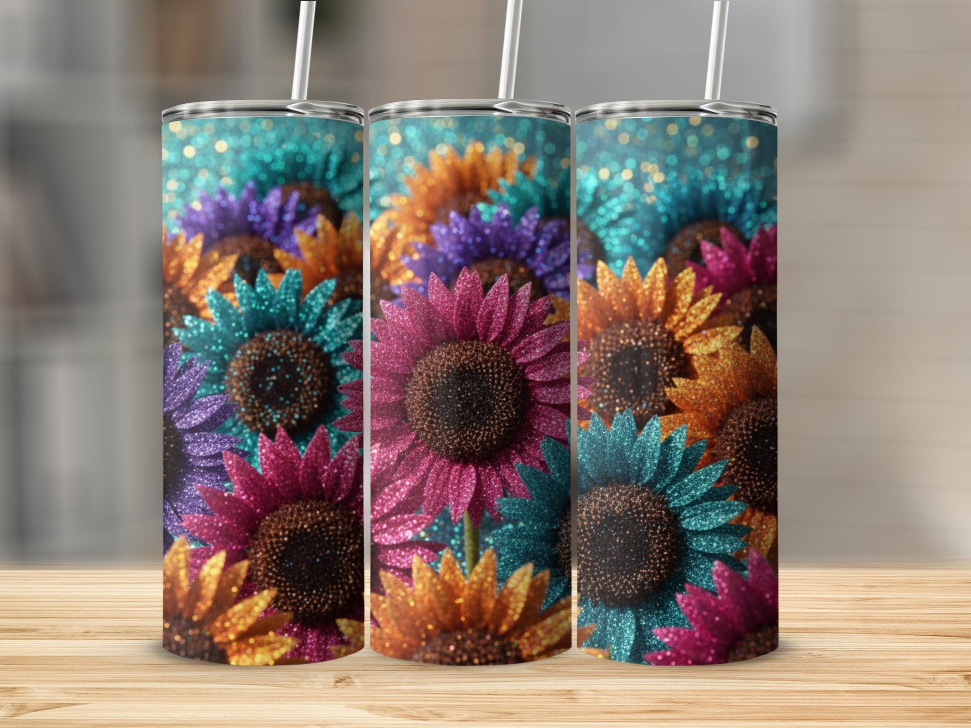 Colorful Glitter Sunflower Design Tumbler Cup