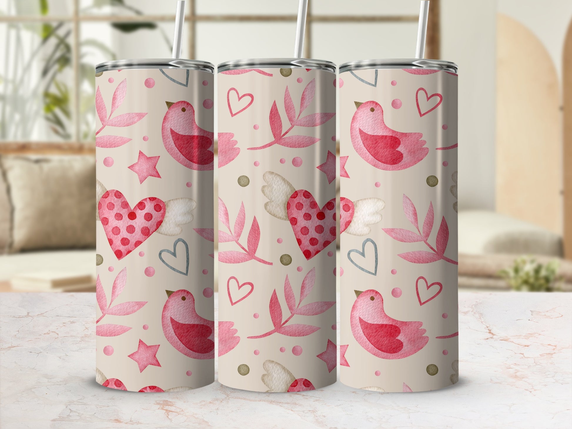 Cute Birds and Hearts Pink Floral Travel Mug