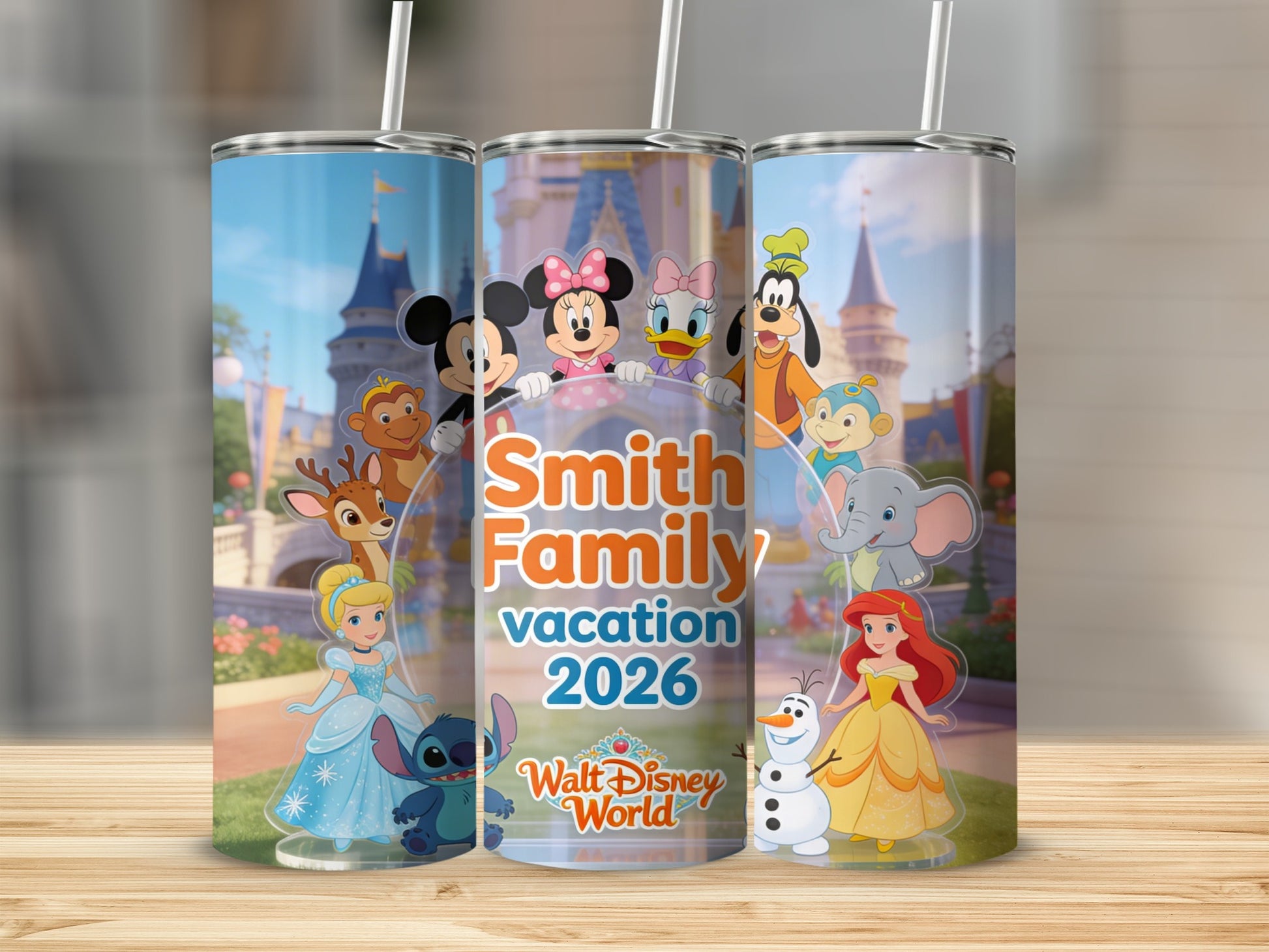 Smith Family vacation 2026 tumbler with Disney characters and castle background.