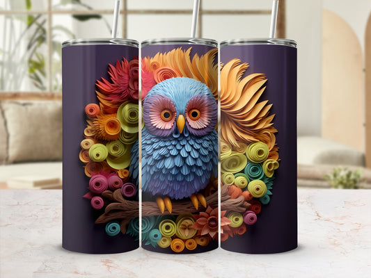 Three tumblers featuring a blue owl art design with colorful floral accents.
