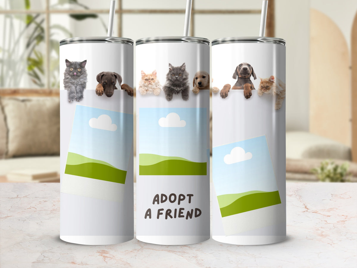 Three tumblers with kittens and puppies peeking over a blank white space with a landscape image.