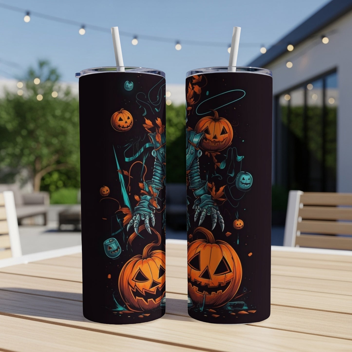 Two black tumblers with Halloween jack-o'-lantern and skeleton designs.