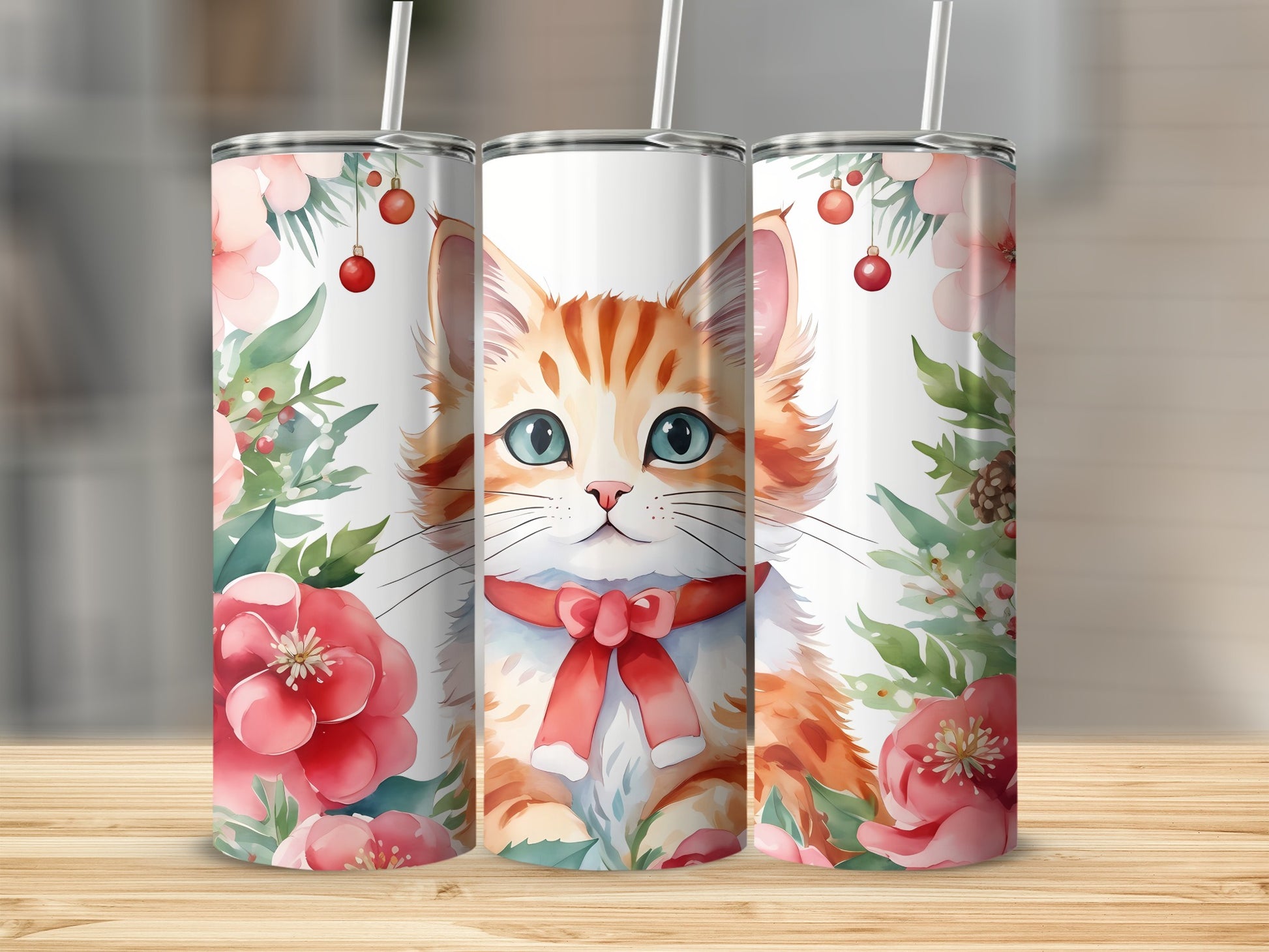 Orange tabby cat with blue eyes wearing a red bow, surrounded by floral watercolor art.