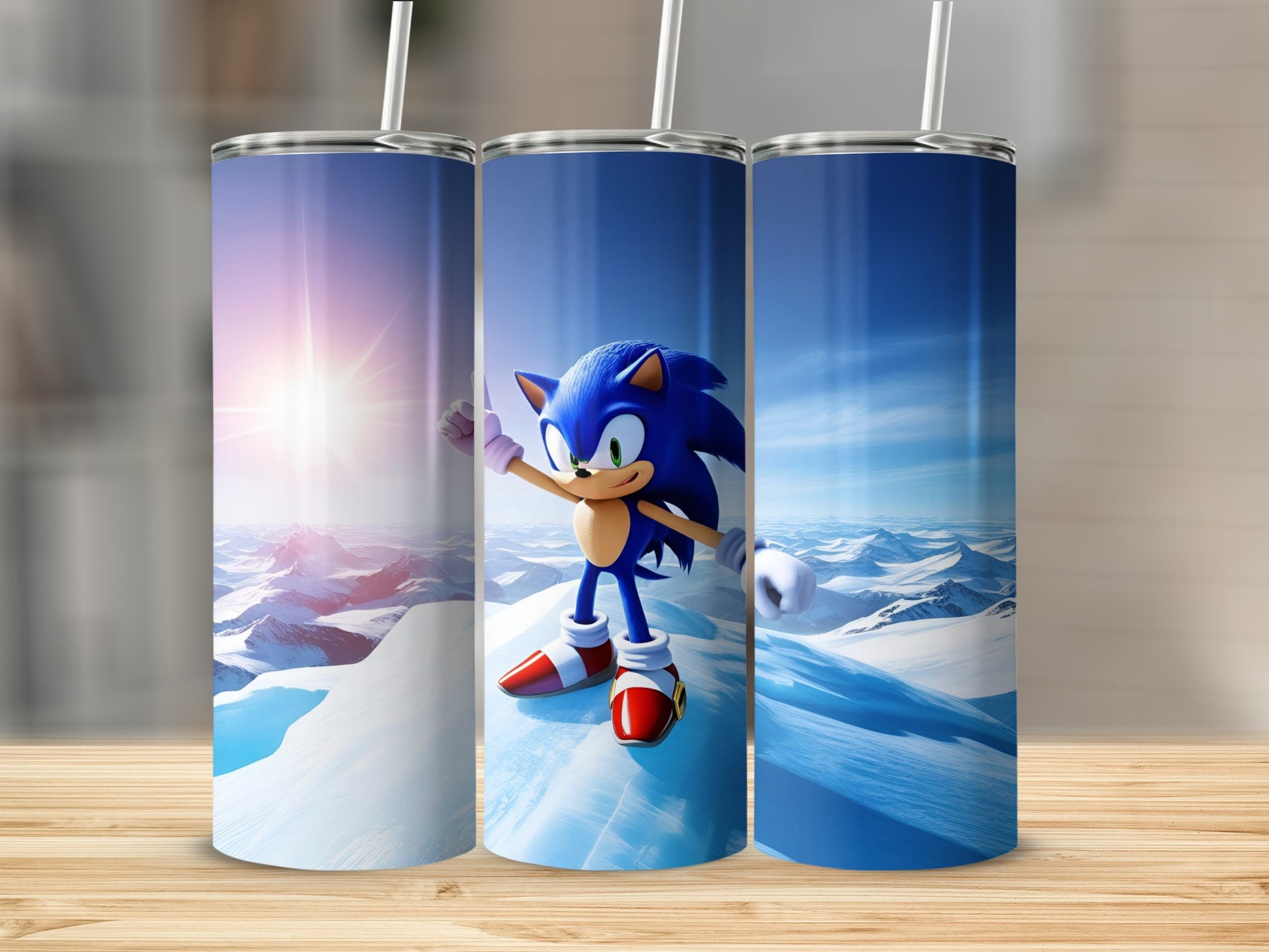 Sonic the Hedgehog character on a snowy mountain landscape, holding up his thumb.