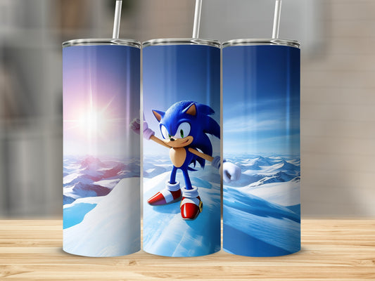 Sonic the Hedgehog character on a snowy mountain landscape, holding up his thumb.