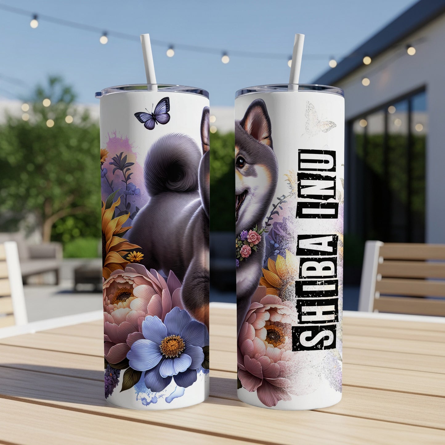 Shiba Inu tumbler with floral design and butterfly, text "SHIBA INU".