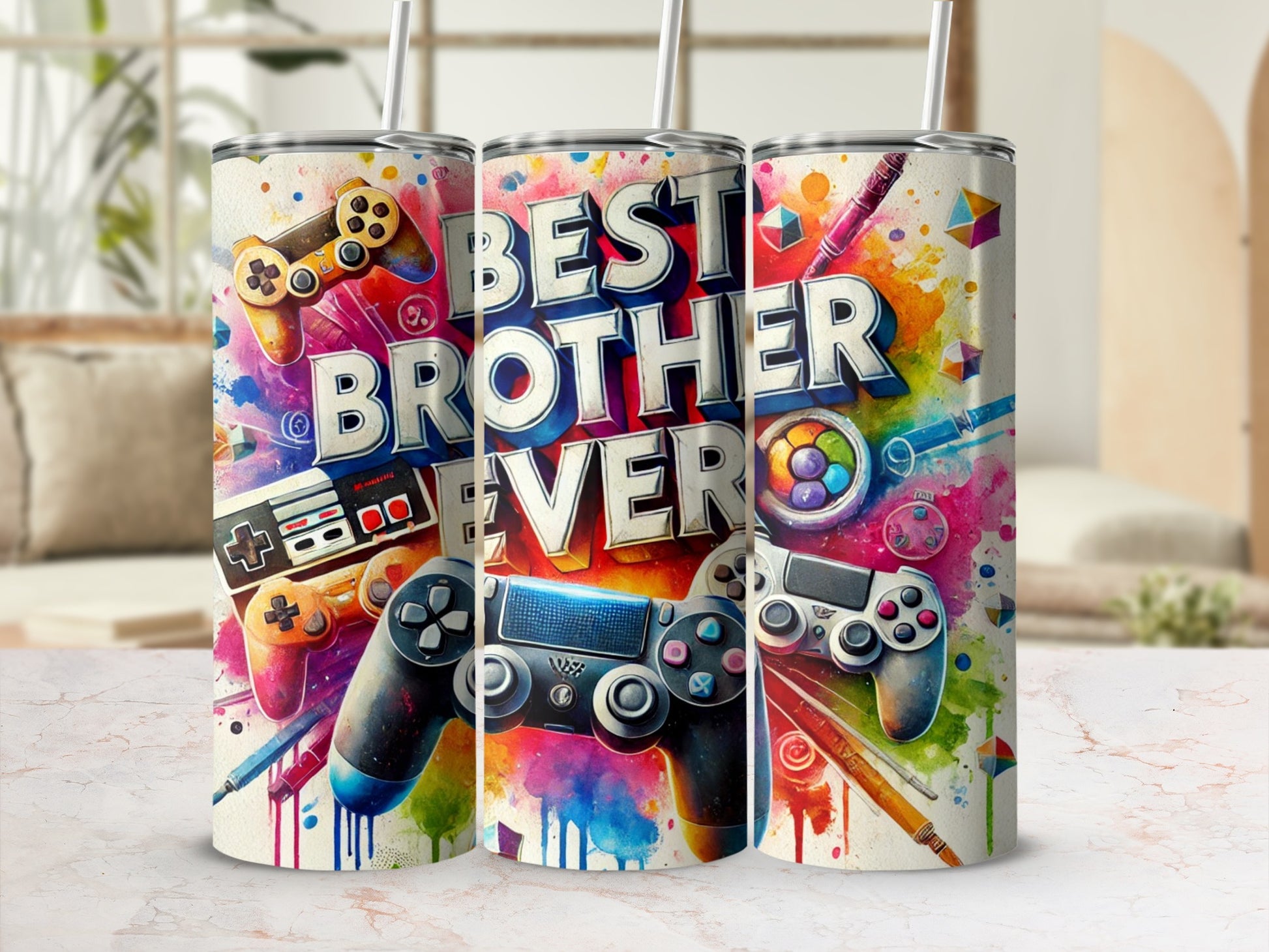 Tumbler with gaming controllers and "Best Brother Ever" text.