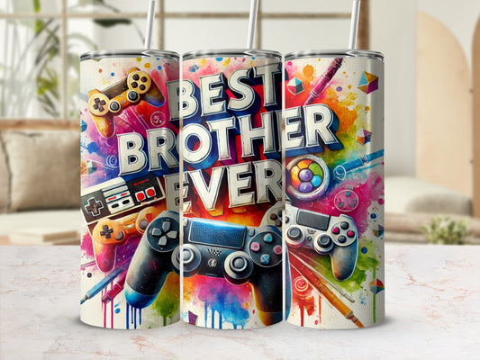 Tumbler with gaming controllers and "Best Brother Ever" text.
