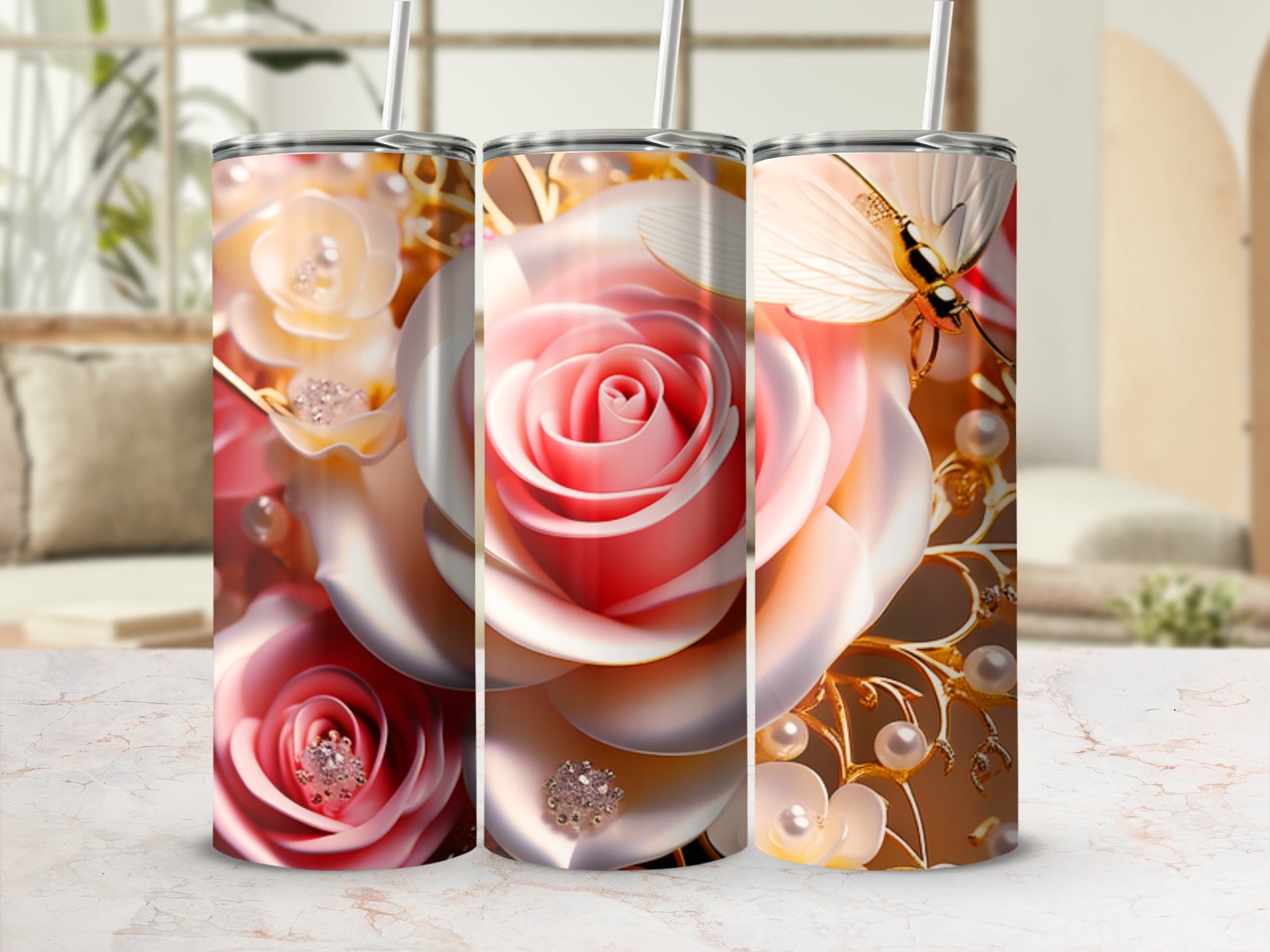 Pink roses and pearls adorn a tapered tumbler with a straw.