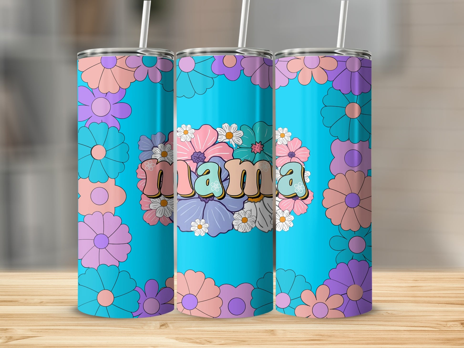 Colorful Floral Mama Design Tumbler Cup with Straw