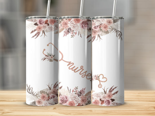 Pink floral stethoscope art on tumbler with "Nurse" text.
