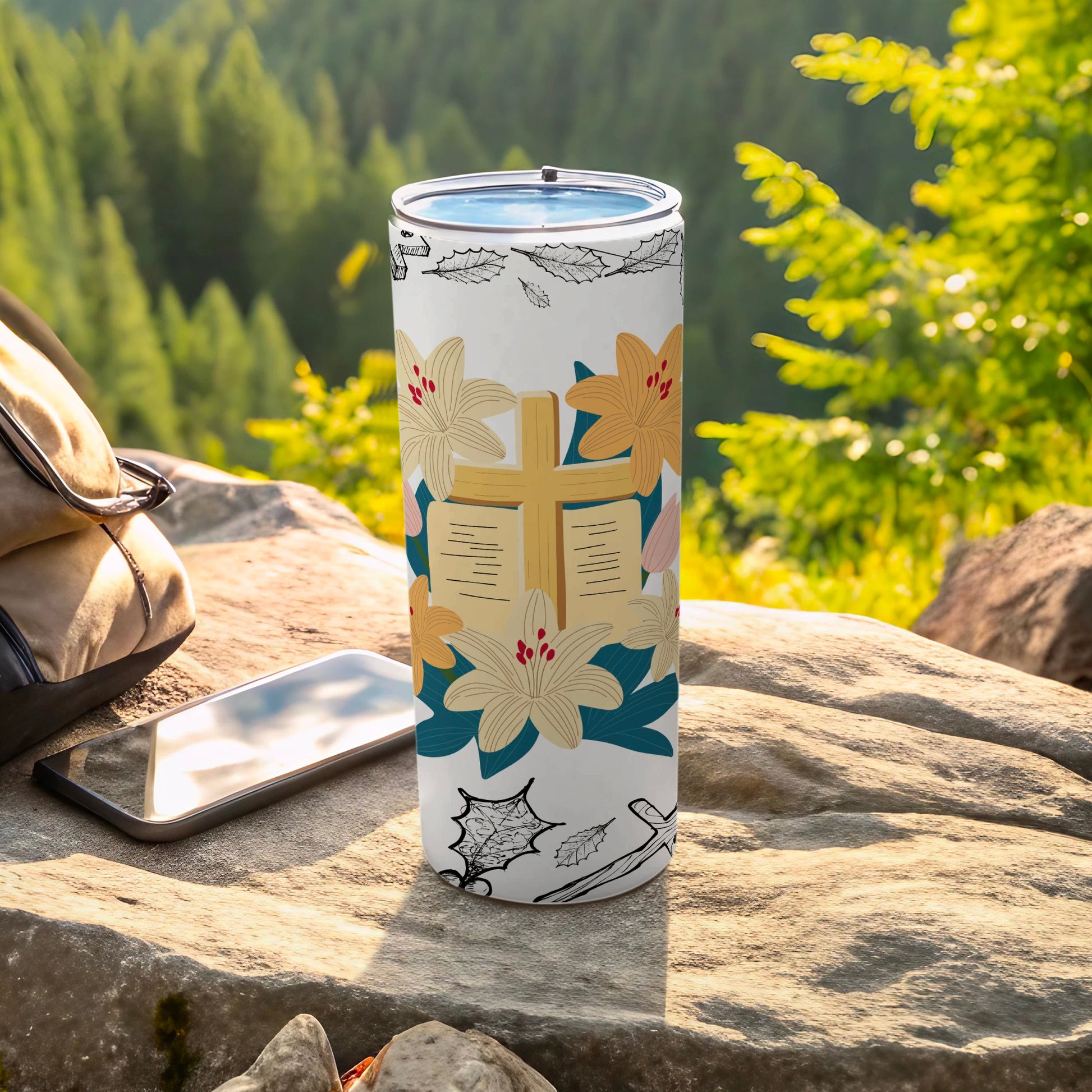 Floral Cross and Scripture Design Travel Tumbler