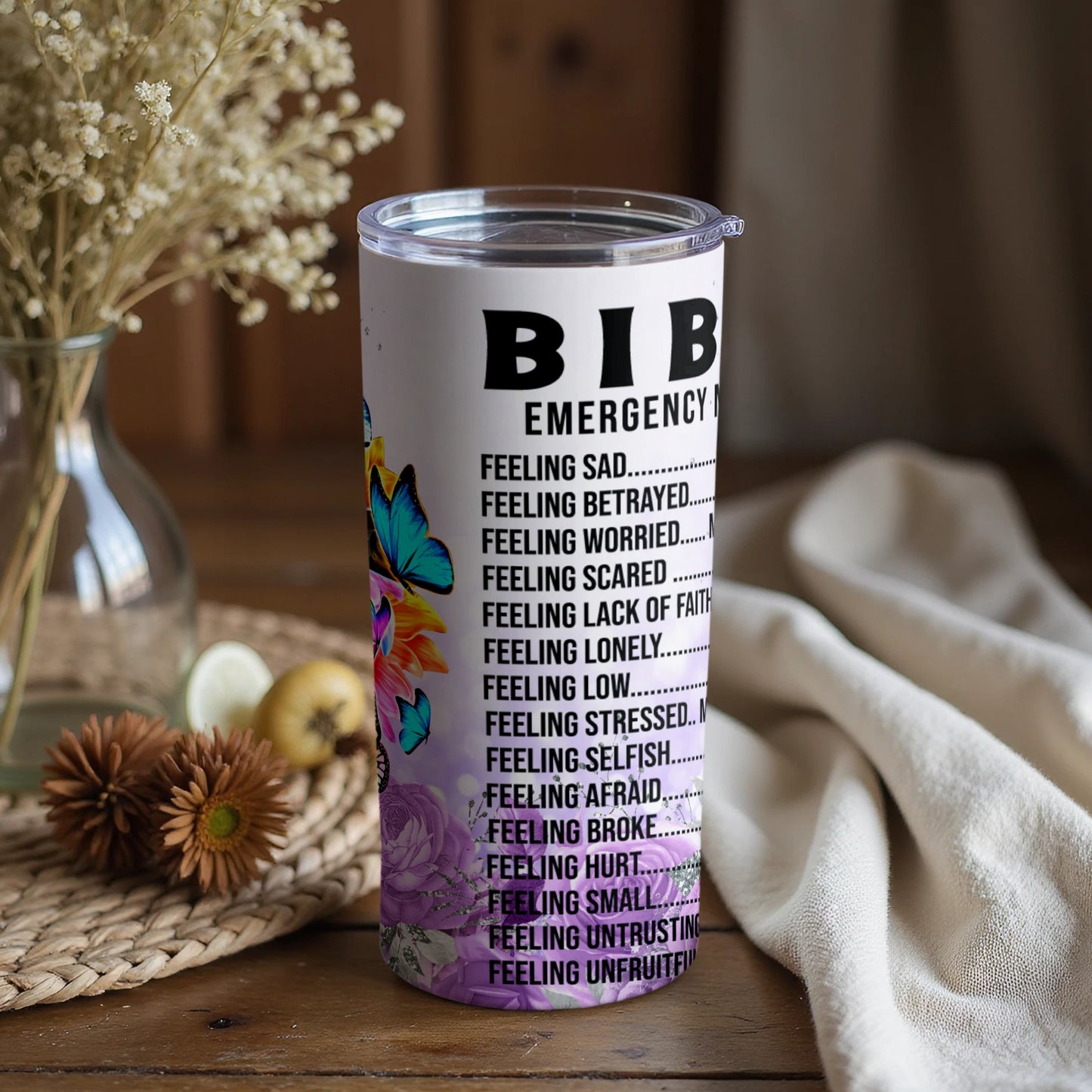 BIBLE Emergency Hotline Flower and Text Design Tumbler
