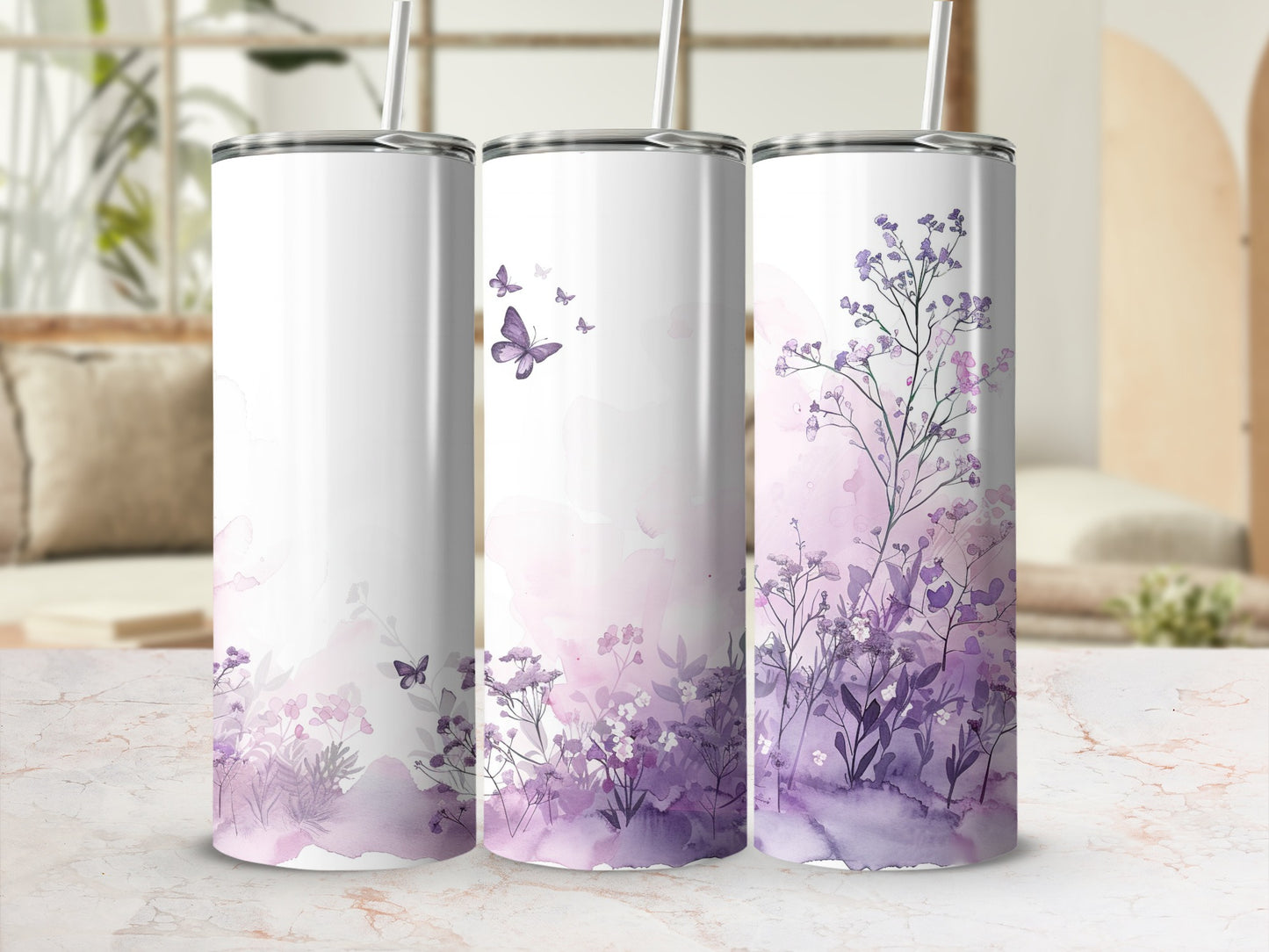 White tumbler with purple floral and butterfly design.