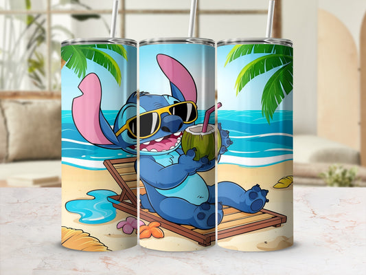 Stitch in sunglasses relaxes on a beach chair with a coconut drink.