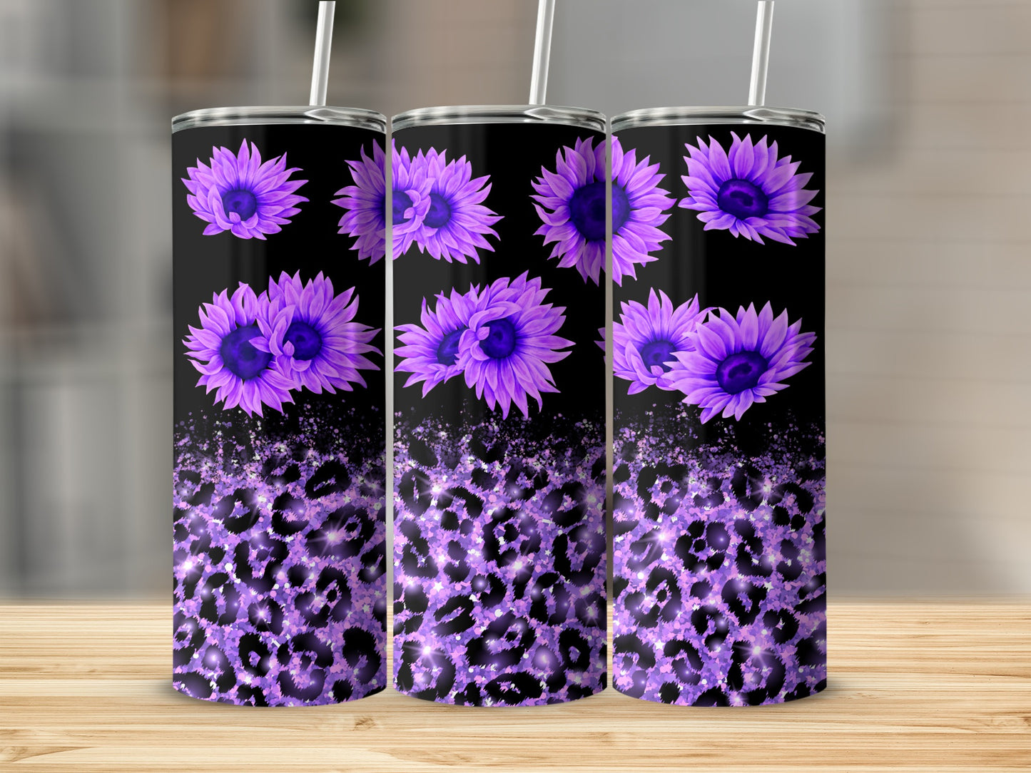 Purple sunflowers and black leopard print on a black tumbler.