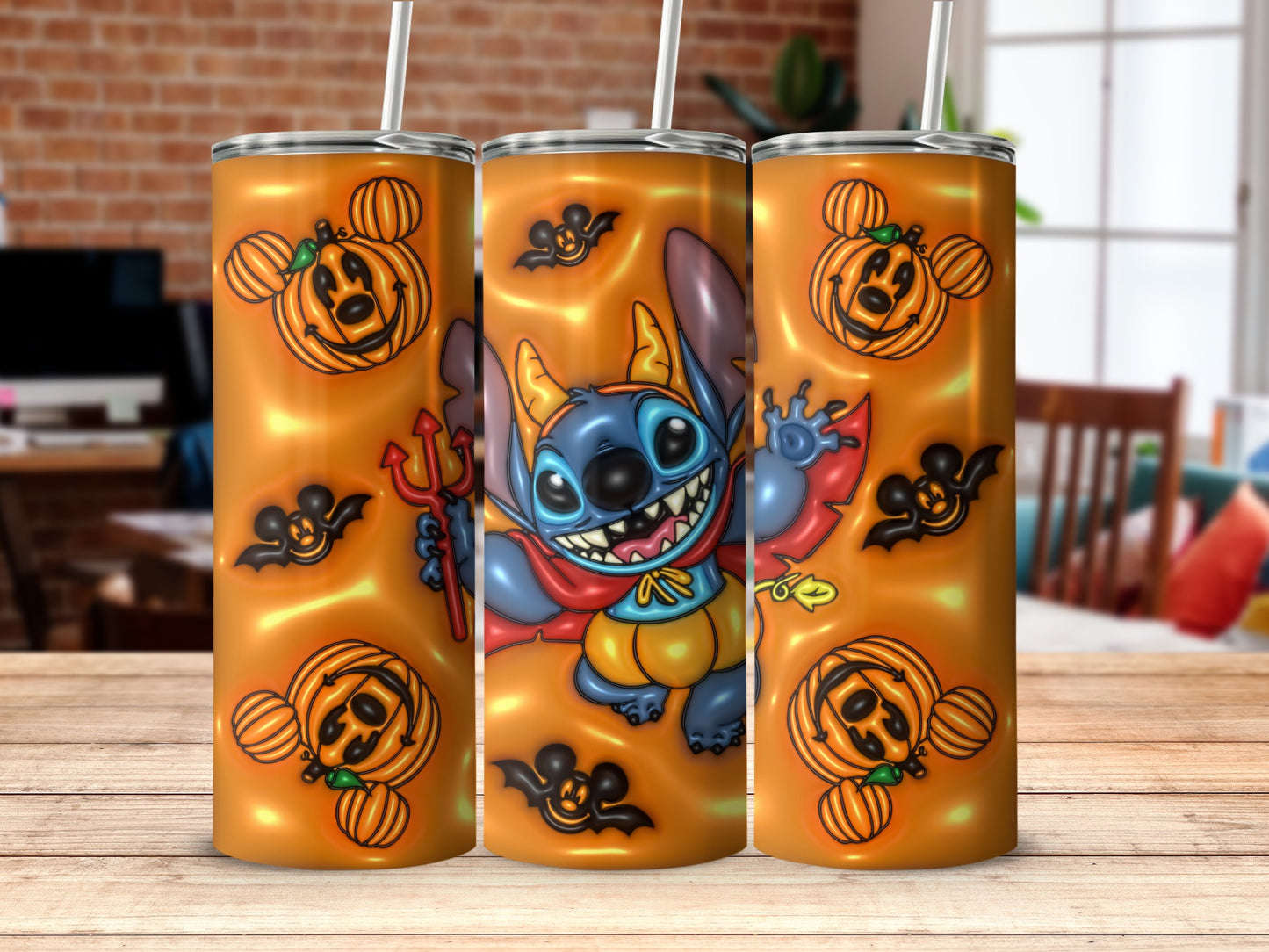 Stitch Dressed as Devil with Halloween Pumpkins Tumbler