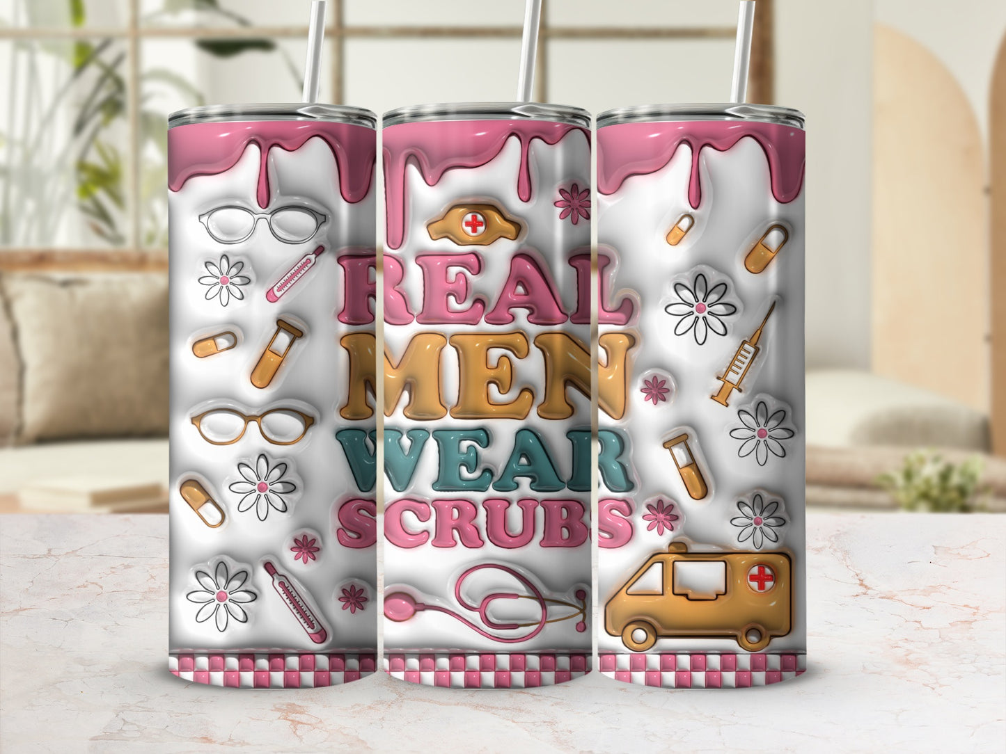 Pink and white tumbler with "Real Men Wear Scrubs" text and medical icons.