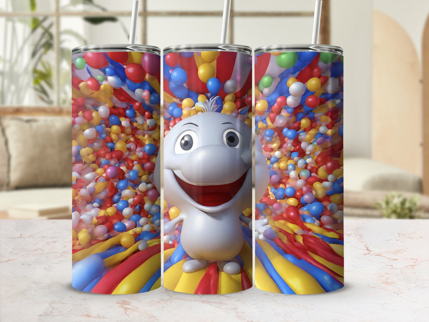 Colorful Cartoon Character with Balloons Tumbler
