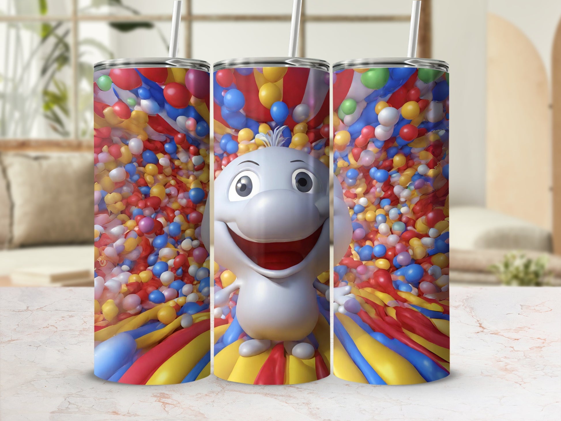 Colorful Cartoon Character with Balloons Tumbler