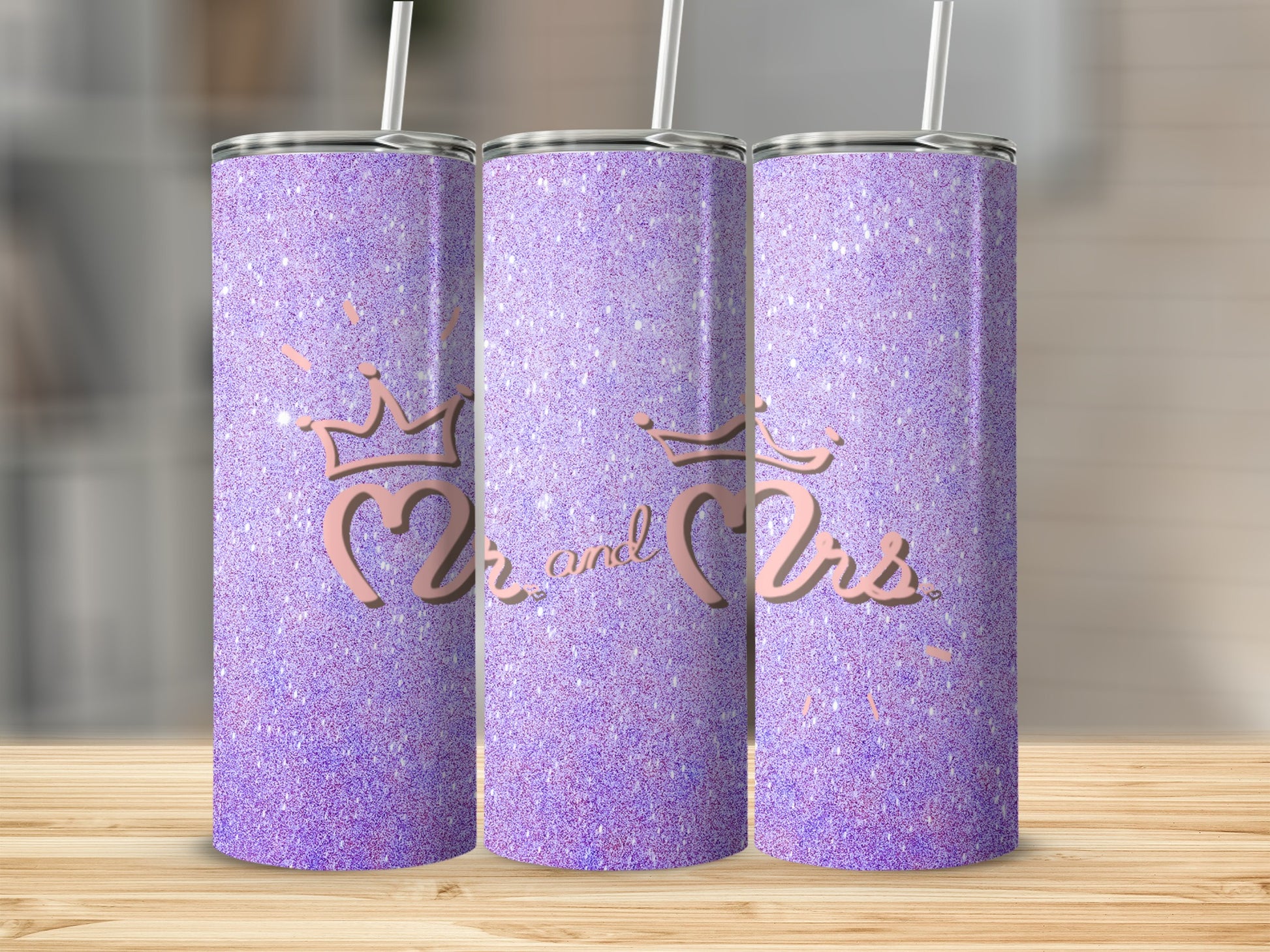 Three purple glitter tumblers with "Mr. and Mrs." text and crown design.