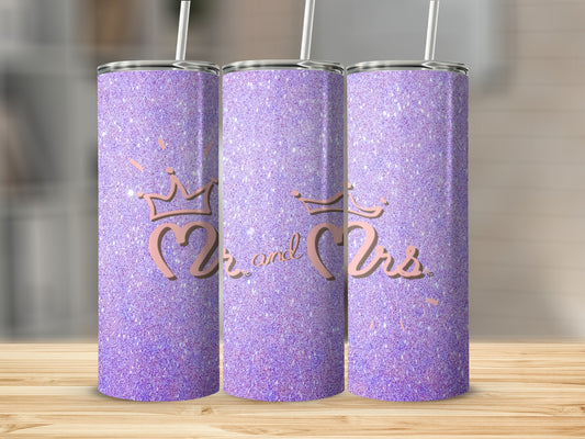 Three purple glitter tumblers with "Mr. and Mrs." text and crown design.