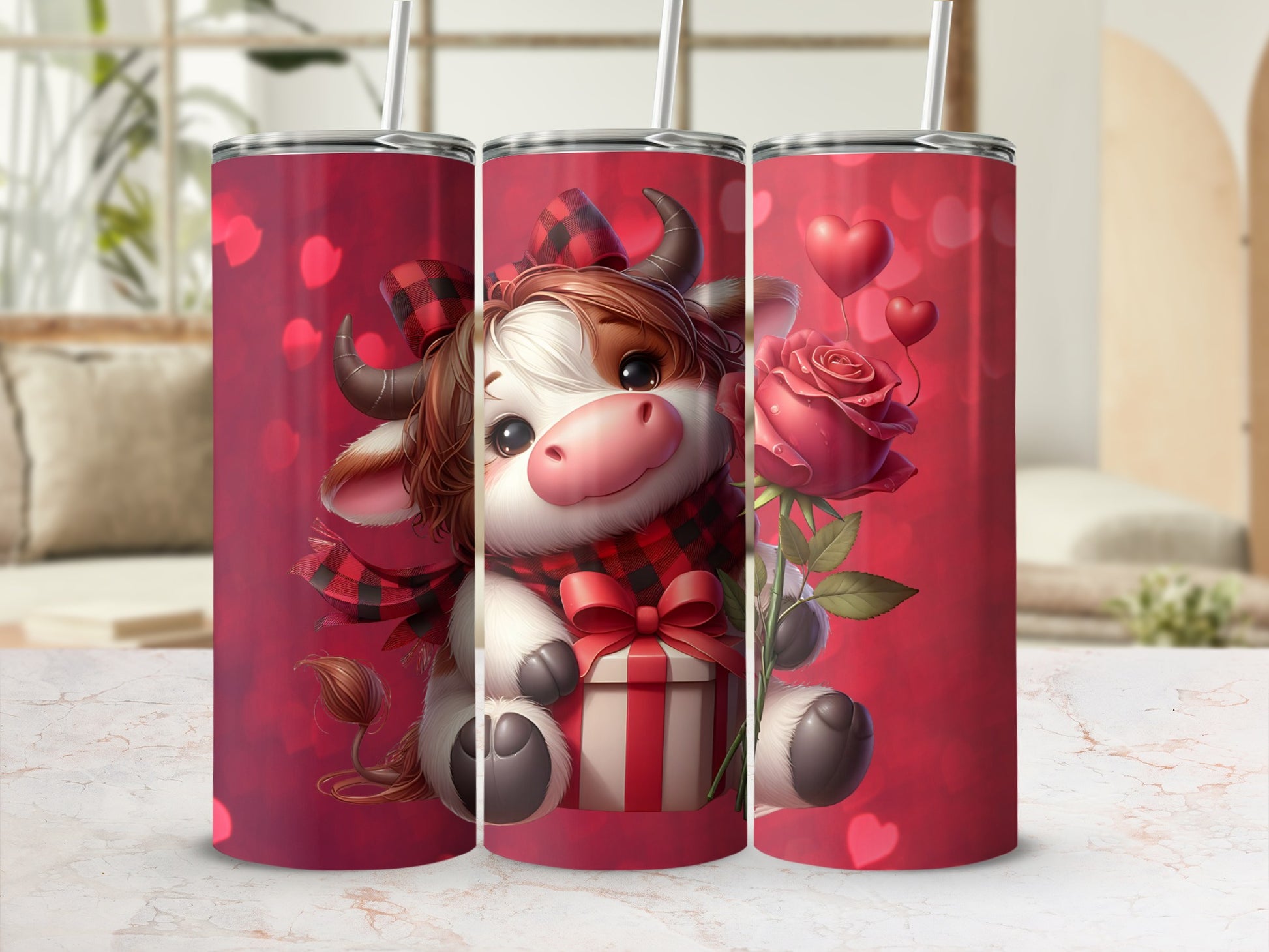 Cute Valentine Cow with Hearts and Roses Design Tumbler