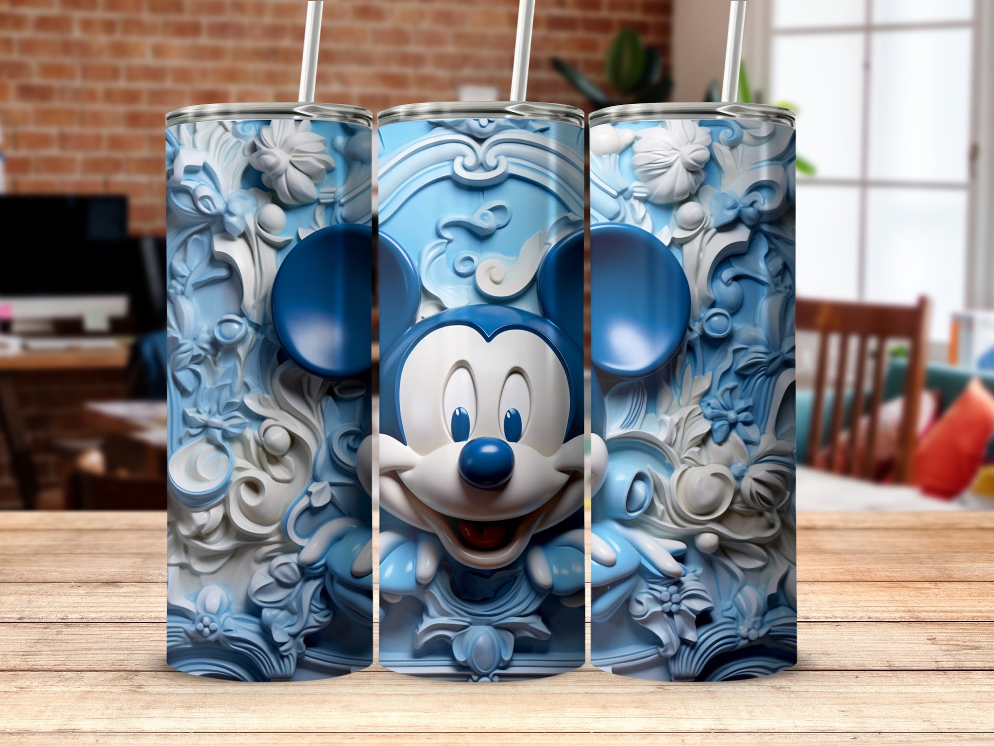 Intricate Mickey Mouse Blue Floral Steel Tumbler