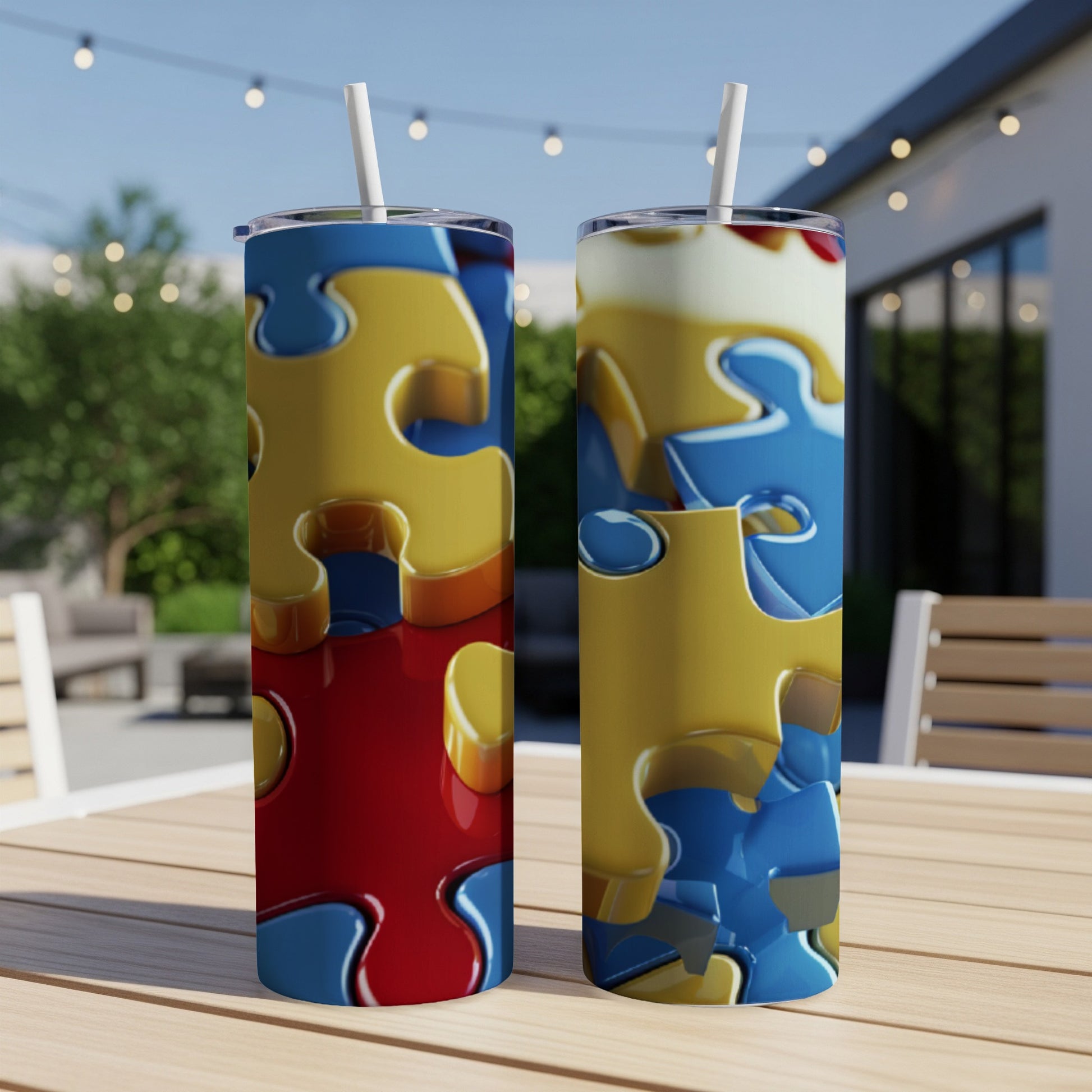 Two tall, narrow tumblers with colorful puzzle piece designs.