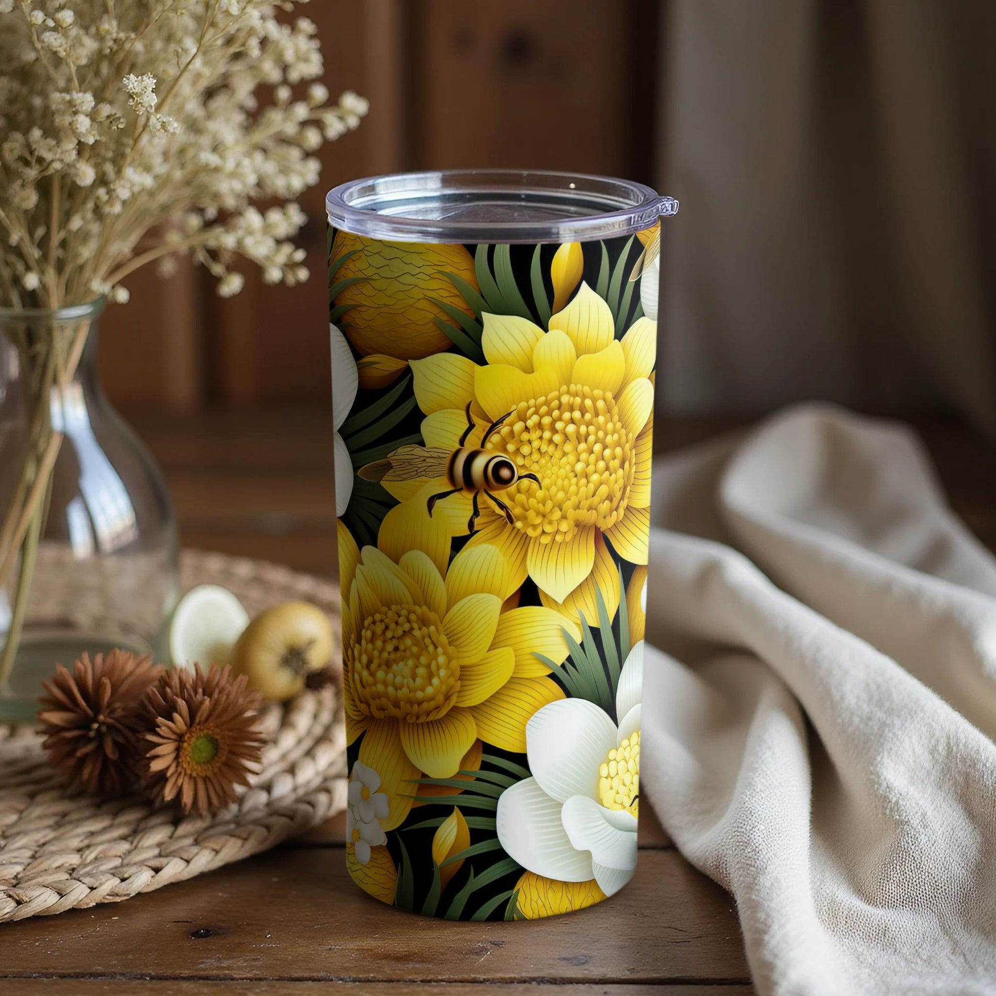 Vibrant Sunflower and Bee Insulated Tumbler
