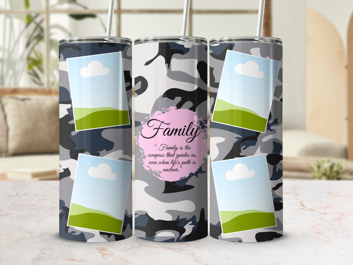 Camouflage tumbler with photo frames and text "Family is the compass that guides us".