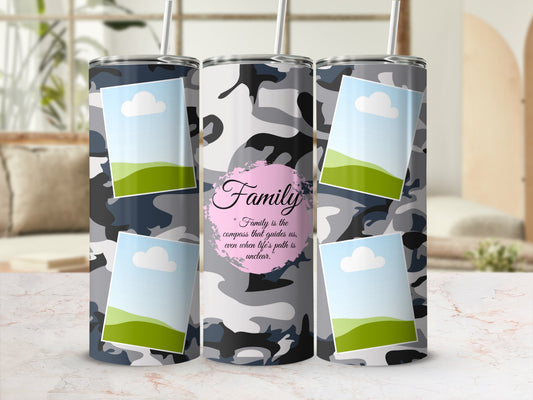 Camouflage tumbler with photo frames and text "Family is the compass that guides us".