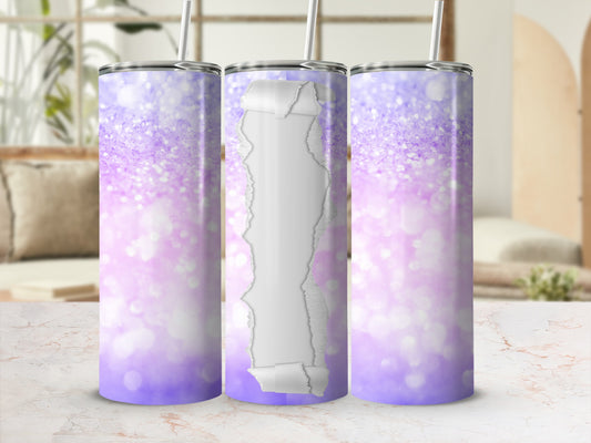 Three glitter tumblers with torn paper effect, lavender and white bokeh background.