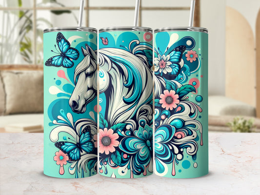 Teal tumbler with white horse, butterflies, and floral design.