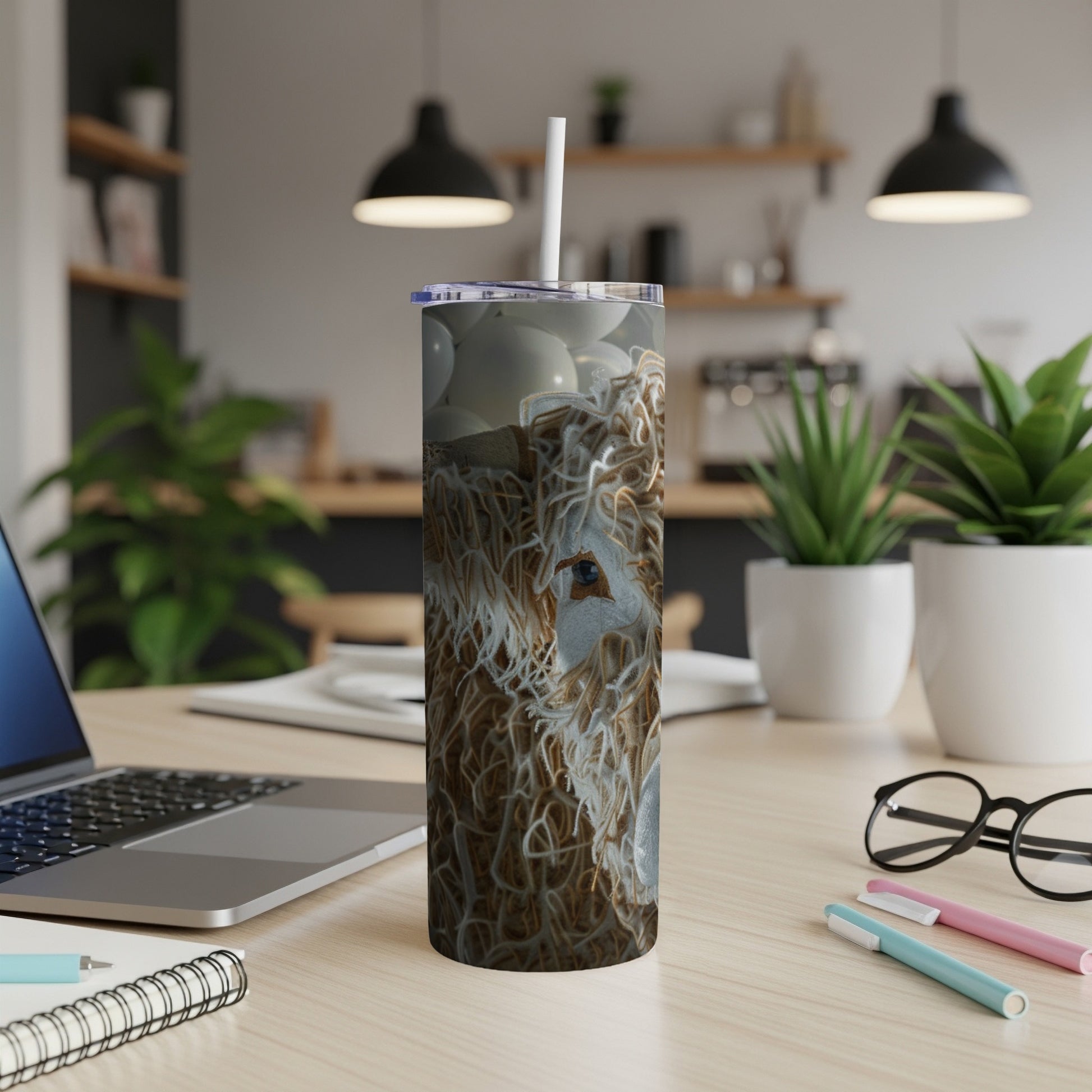 Tumbler featuring a close-up of a Highland cow's face with fluffy brown fur.