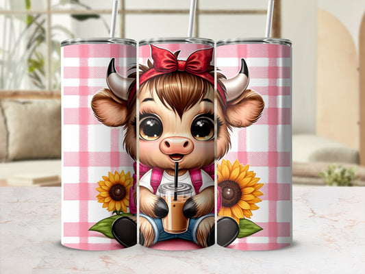 Cute cartoon bull wearing a red bow, holding a drink, with sunflowers.