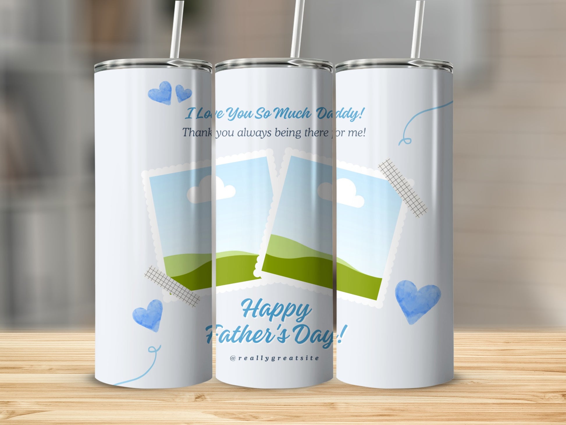 Tumbler with "Happy Father's Day! I Love You So Much Daddy!" text and heart graphics.