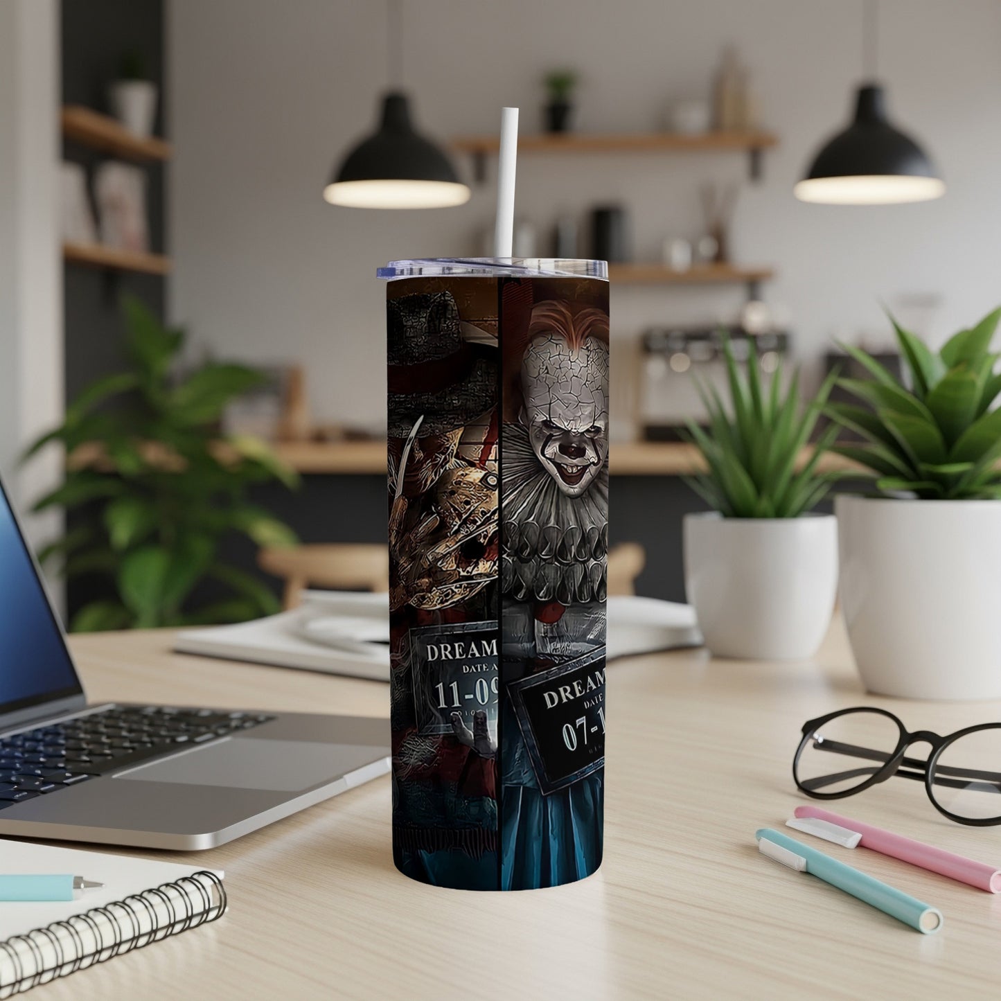 Tumbler featuring Freddy Krueger and Pennywise with dream dates on display.