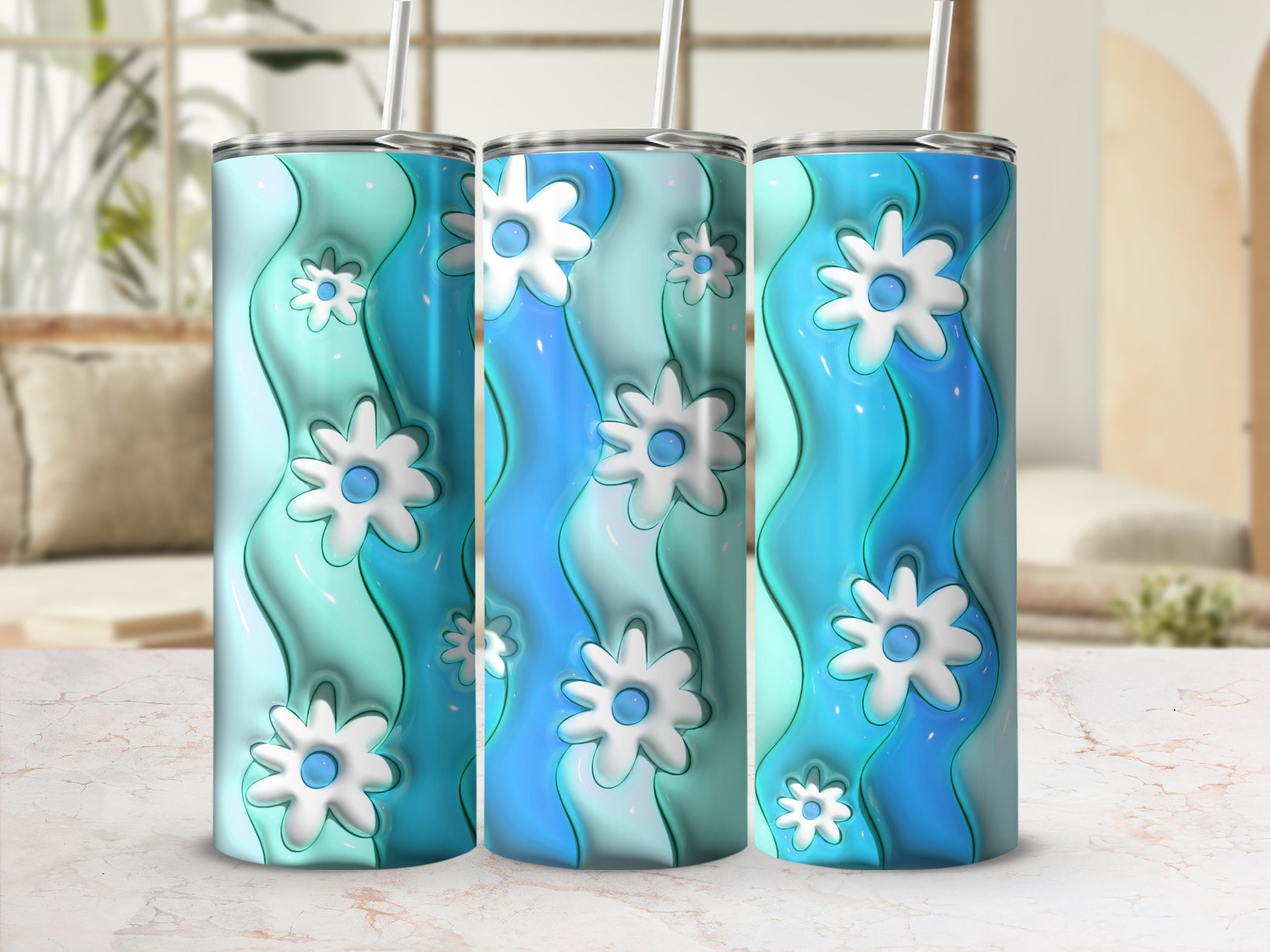 Blue and Teal Floral Wave Design Tumbler