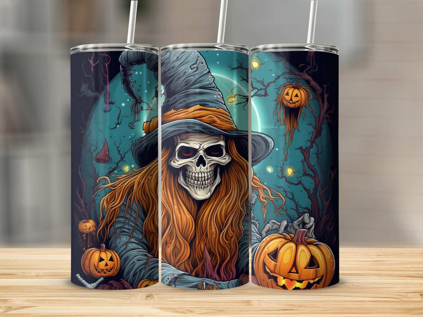 Three tumblers featuring a spooky witch skeleton with pumpkins and a moonlit forest.