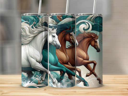 Three tumblers with galloping horses and water design.